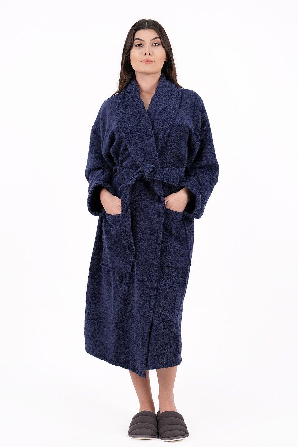 Soft Line 100% Cotton Salyaka Navy Blue Color (L-XL-2XL-3XL-4XL) Large / Large Size Bathrobe - Swordslife