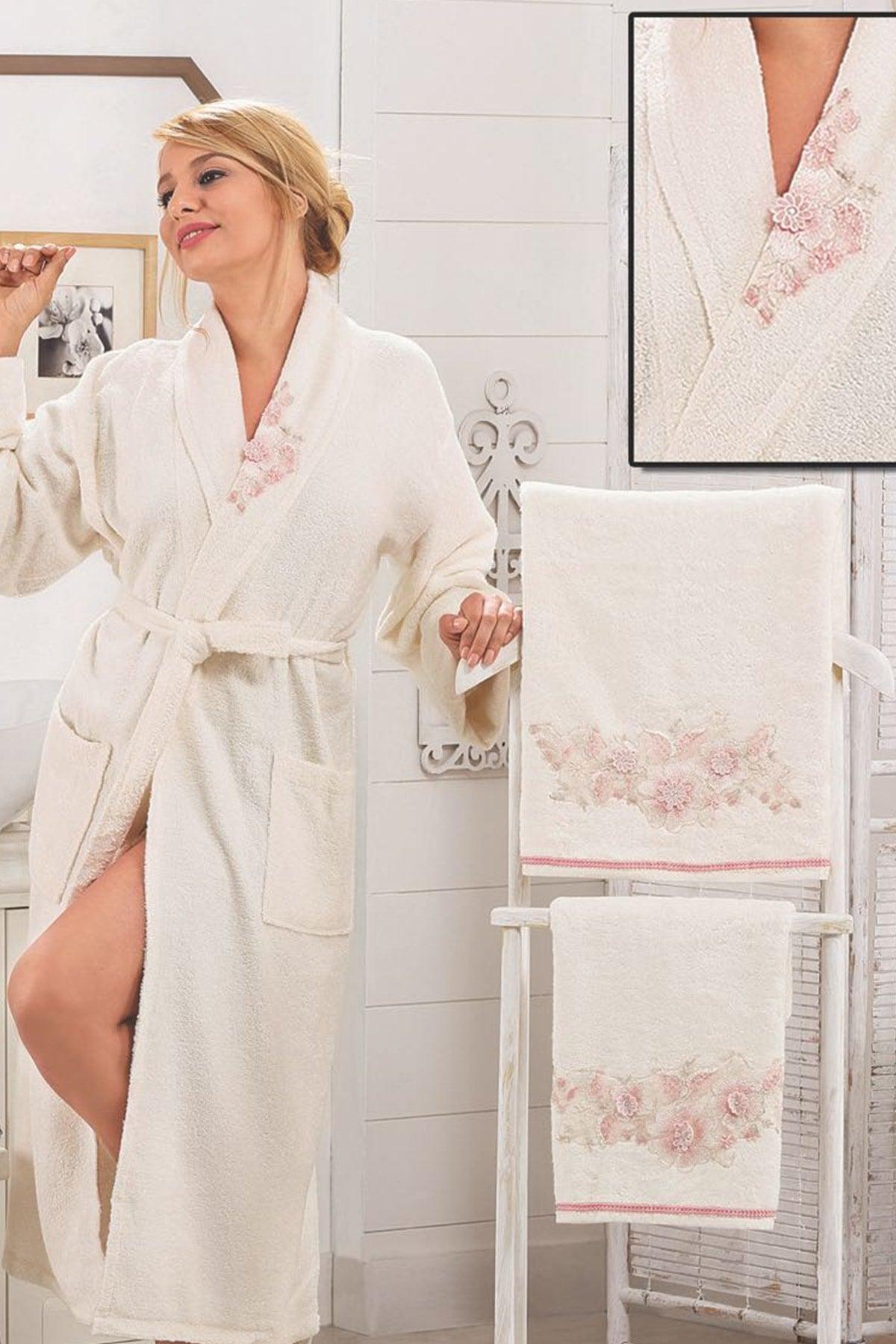 Sultan Embroidered 5 Pieces Women's Bathrobe Set Cream - Swordslife