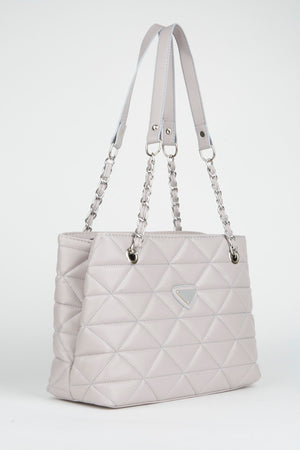 Crocos Light Gray Leather Quilted 3 Compartment Zipper Closure Chain Strap Lined Hand Arm And Shoulder Bag