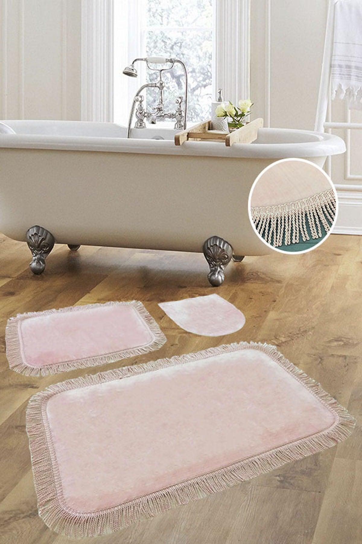 Shareton Cornered Powder 3 Pcs Bath Mat Set Twirl Fringed Tassel Dowry Closet Set - Swordslife