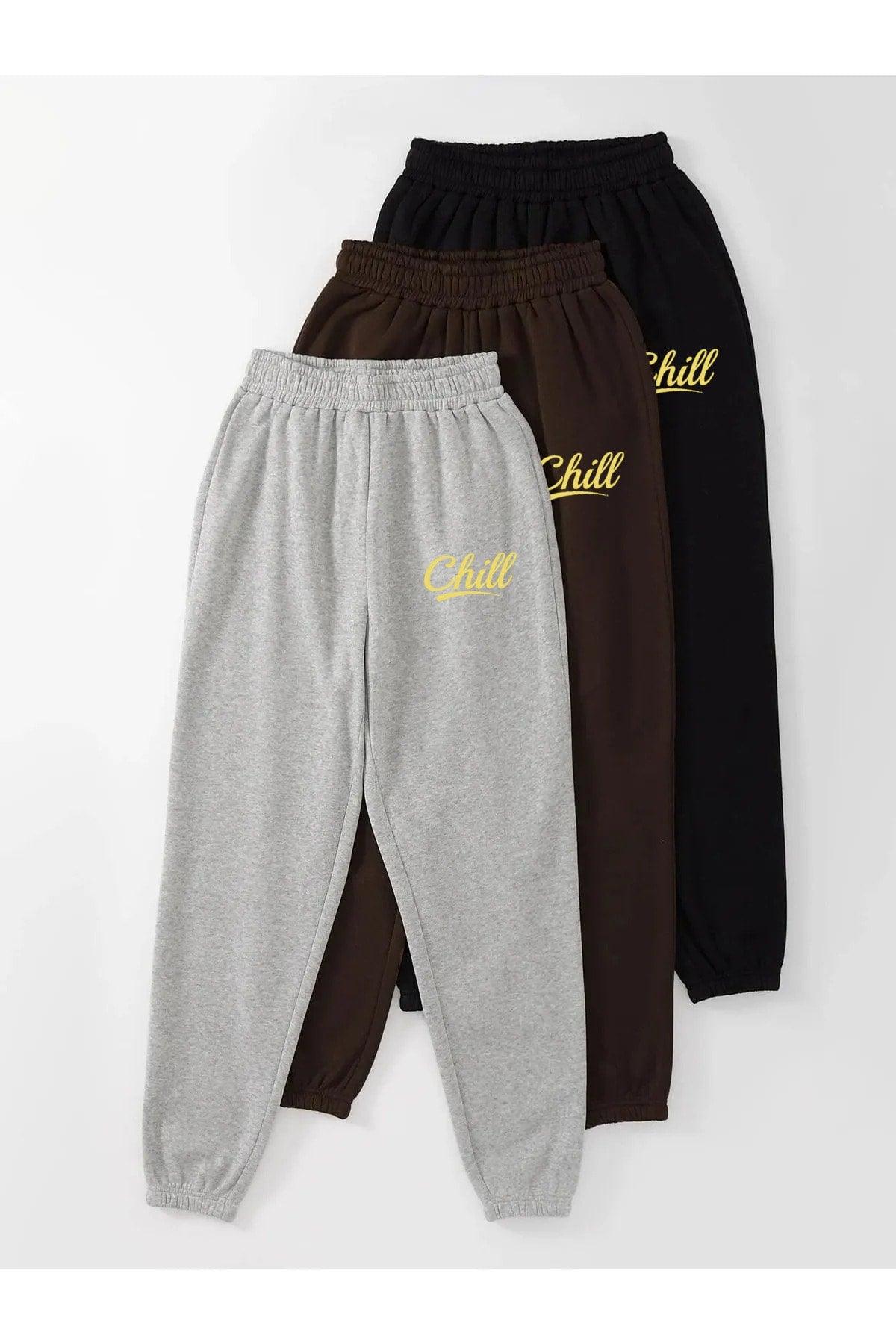 Chill 3-pack Jogger Sweatpants - Black, Gray And Brown, Printed, Elastic Leg, High Waist, Summer - Swordslife