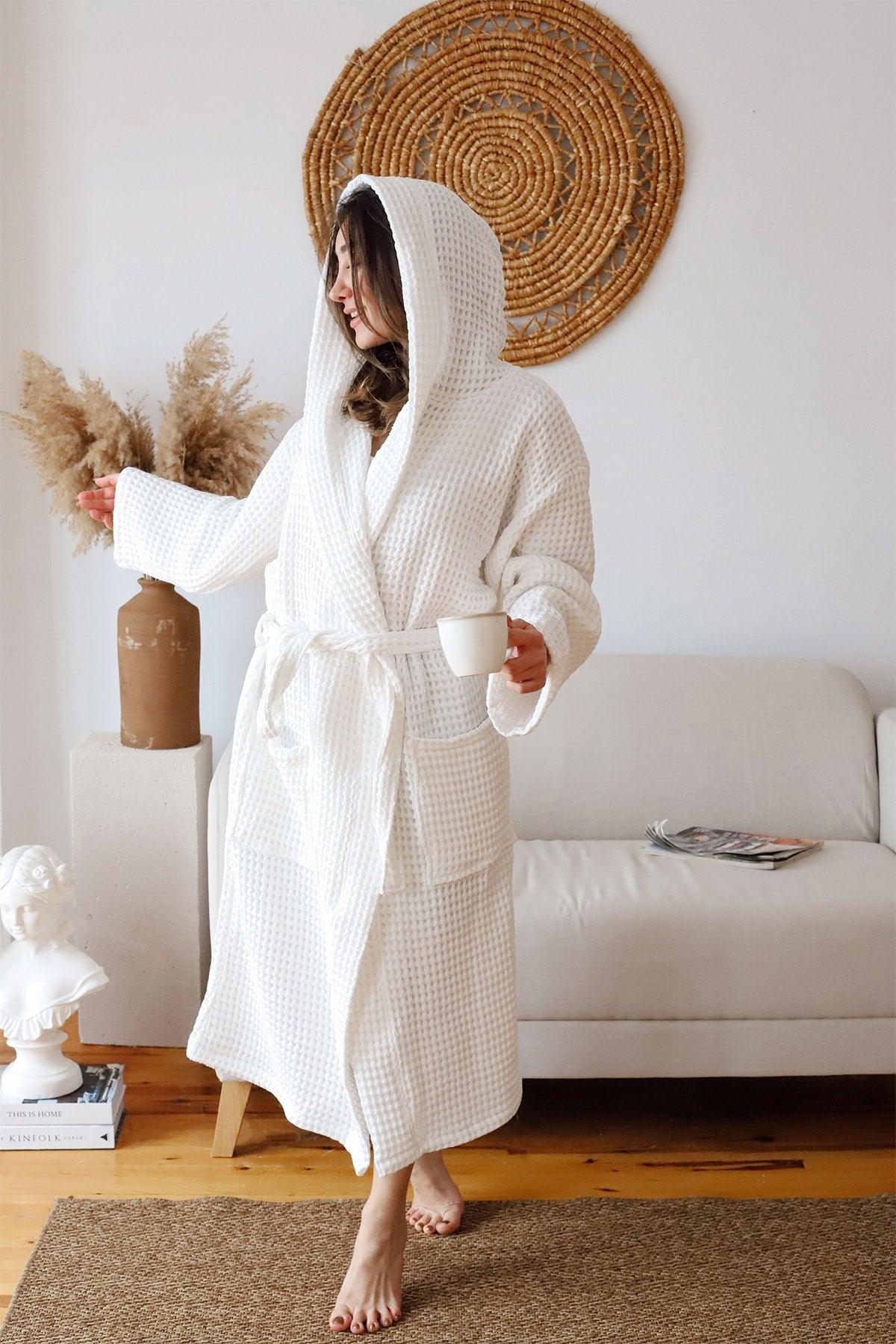 Waffle Adult Bathrobe Soft Pique Fabric Hooded White - Swordslife