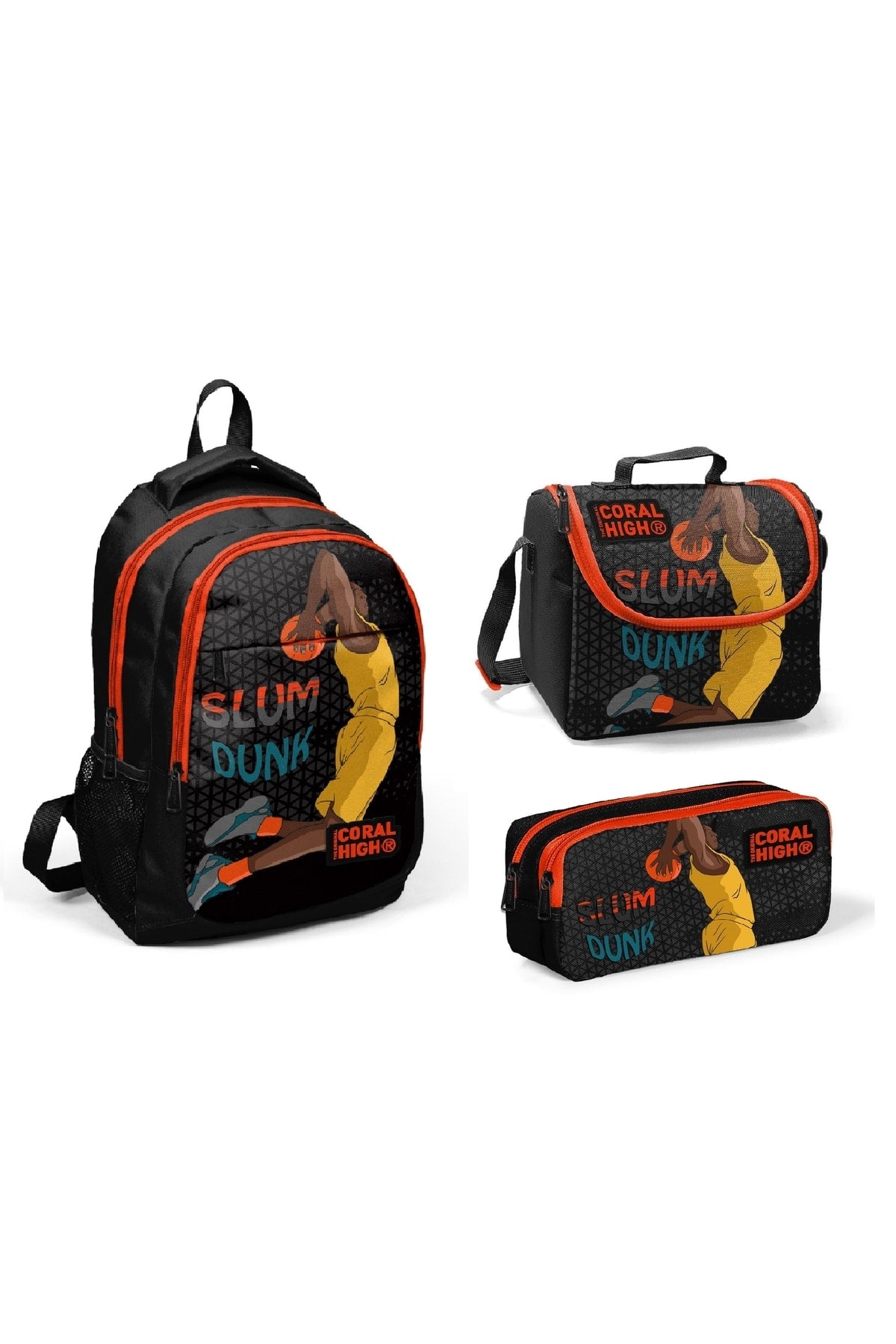 Kids Black Orange Basketball Patterned Three Piece School Backpack Set 14385