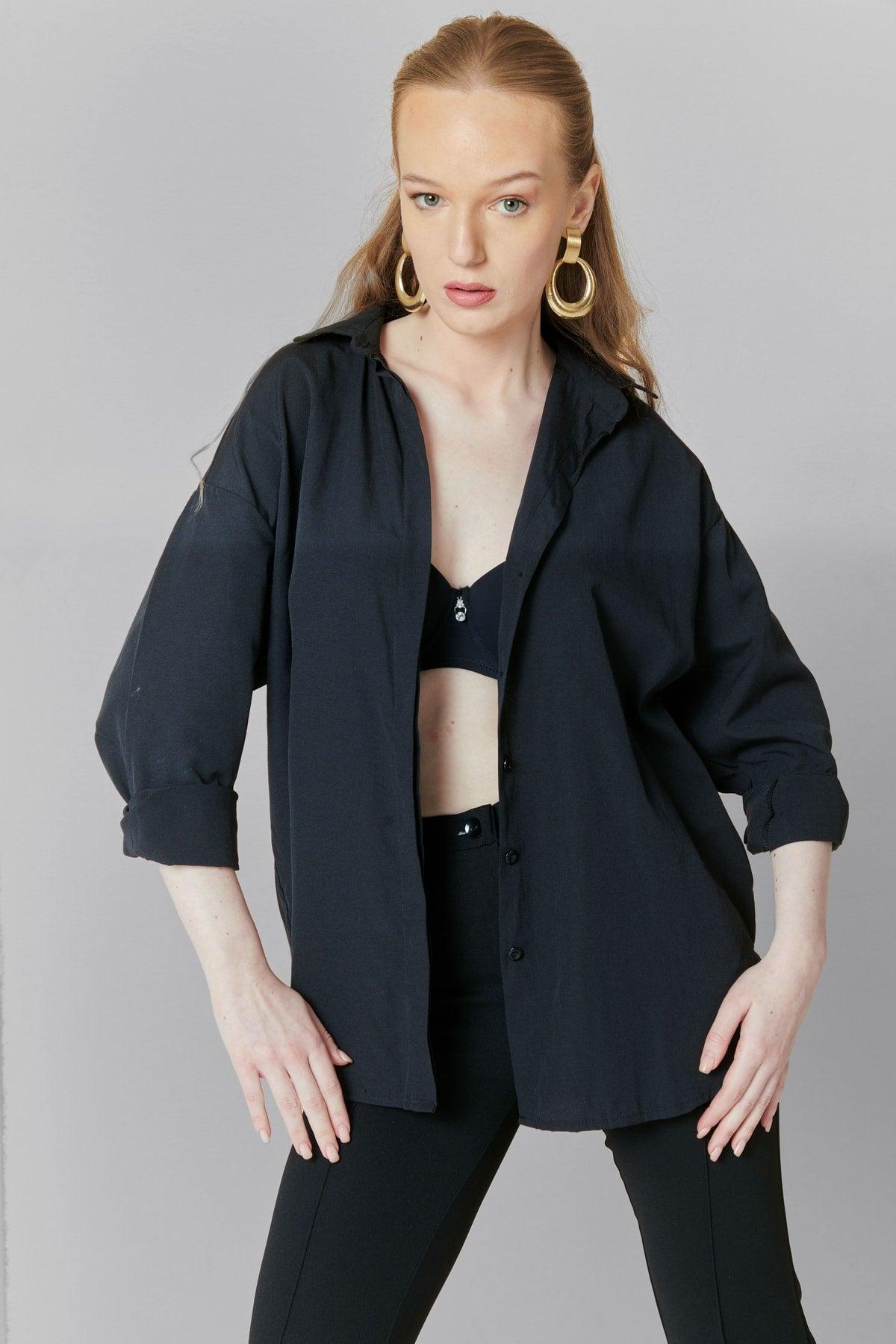 Women's Black Oversize Long Basic Shirt - Swordslife