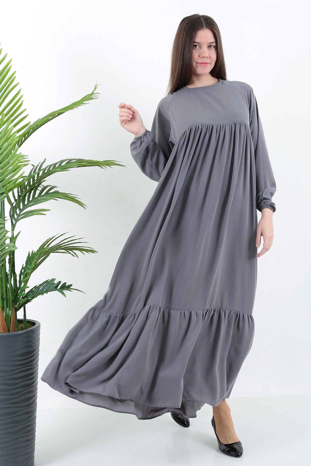 Gray Crew Neck Comfortable Fit Elastic Sleeve Side Pockets Pleated Robe Dress - Swordslife