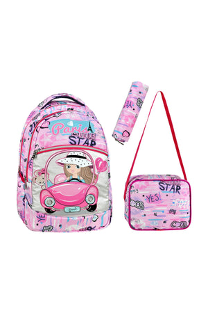 Set Of 3, Pink Color Girl Patterned Primary School Bag + Lunch Box + Pencil Holder