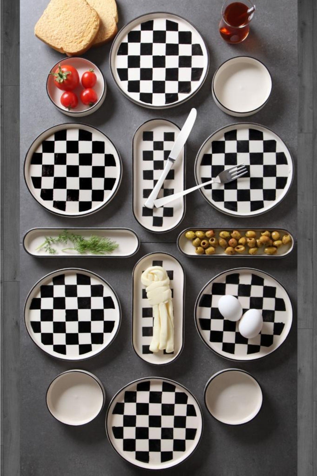 14 Pcs 6 Person Stackable Checker Pattern Breakfast Set Handmade Special Design Breakfast Set