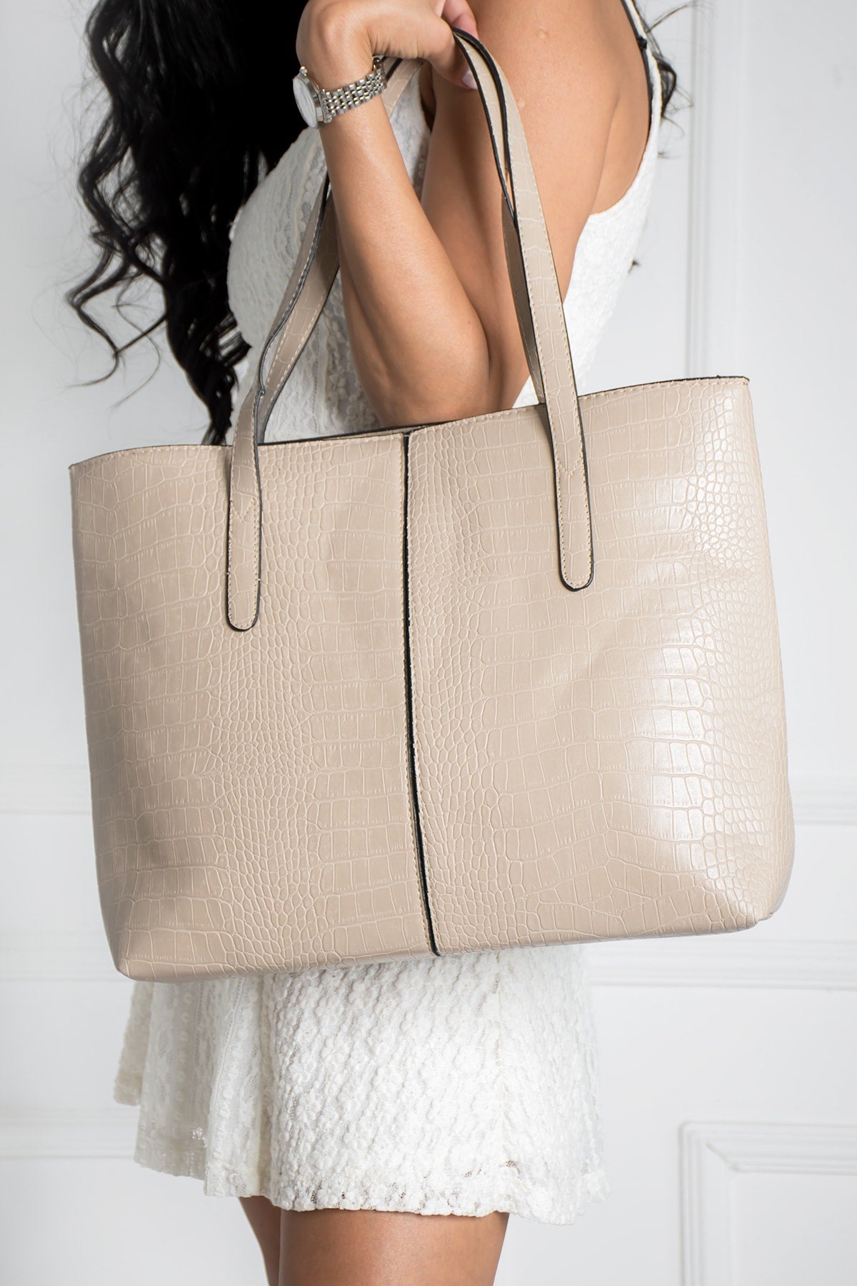 Women'S Crocodile Pattern 2-Sleeve Zippered Large Size Bag Shoulder Bag, Clutch Bag, Laptop Bag