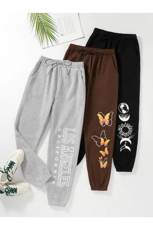 3-Pack Logo Printed Jogger Sweatpants - Black, Gray And Brown, Elastic Leg, High Waist, Summer
