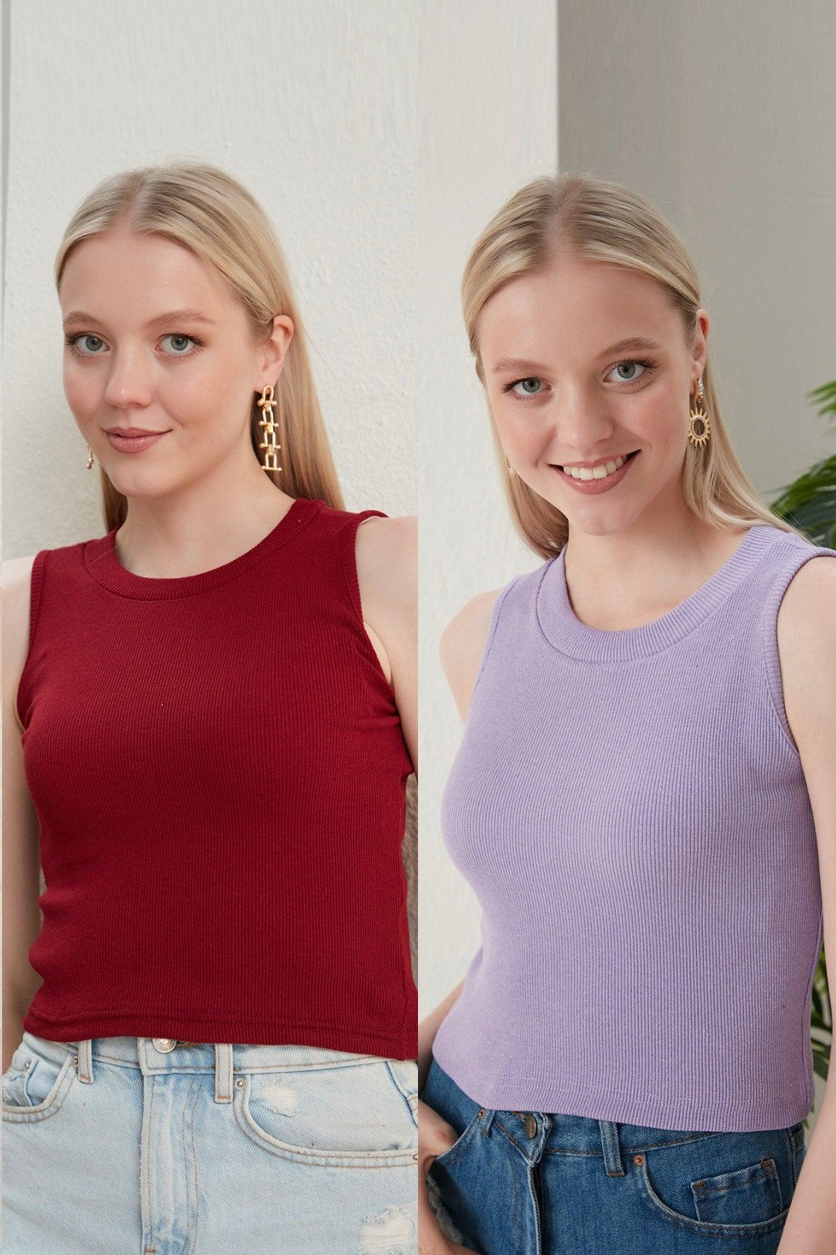 Women's Claret Red Lilac Halter Neck 2 Piece Crop Blouse - Swordslife