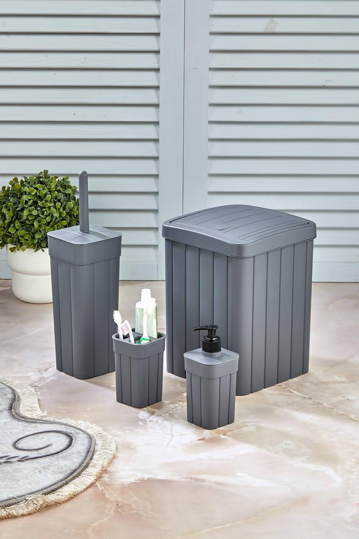 Trend Lux Roving Striped Patterned Bathroom Trash Bin-WC Toilet Brush-Soap Dish-Tooth Brush Holder Anthracite - Swordslife