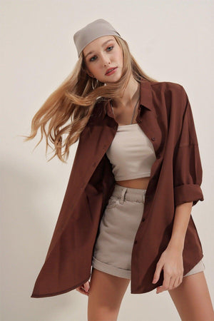 3900 Oversize Long Basic Shirt - Brown - Swordslife