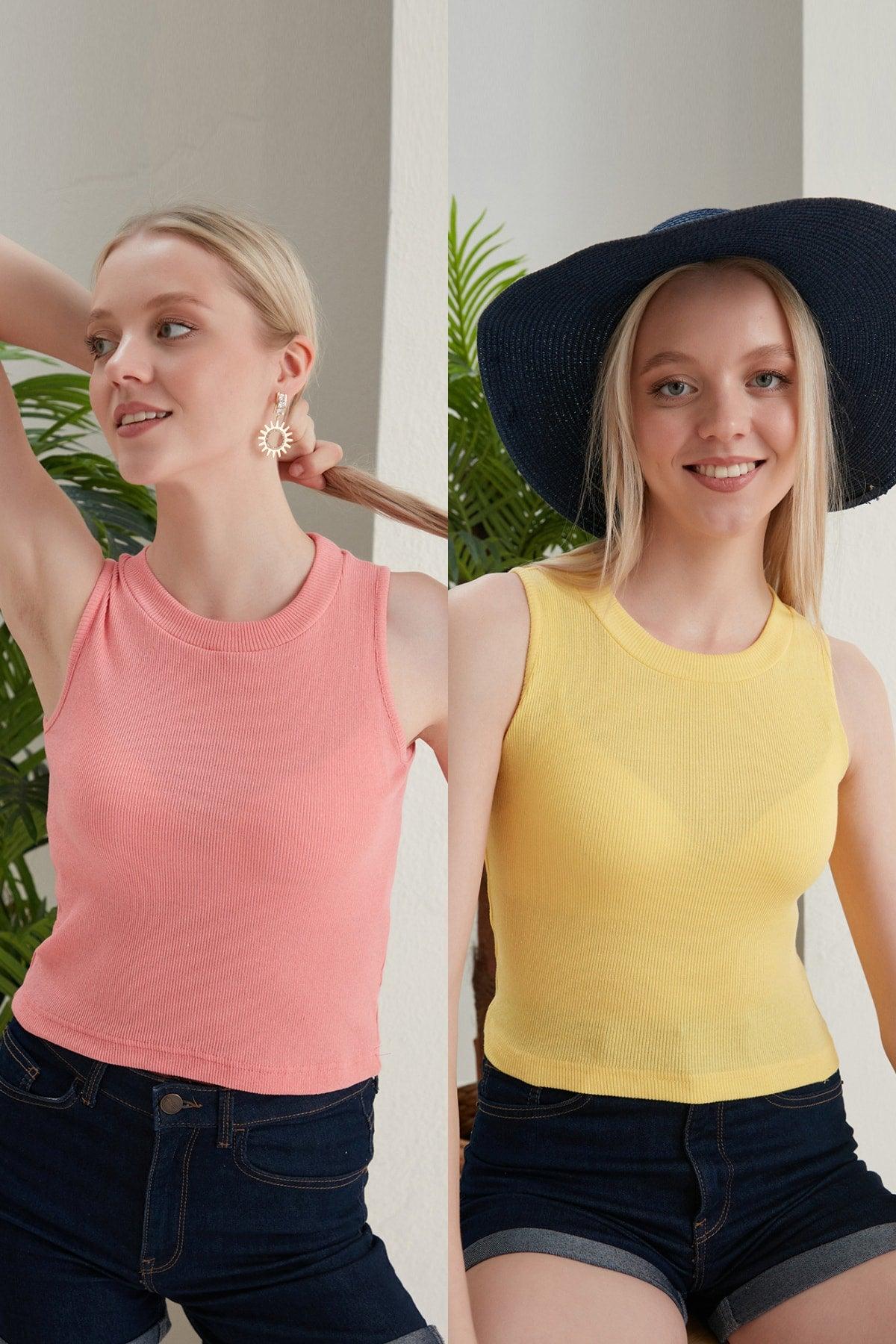 Women's Yellow Powder Halter Neck 2 Piece Crop Blouse - Swordslife