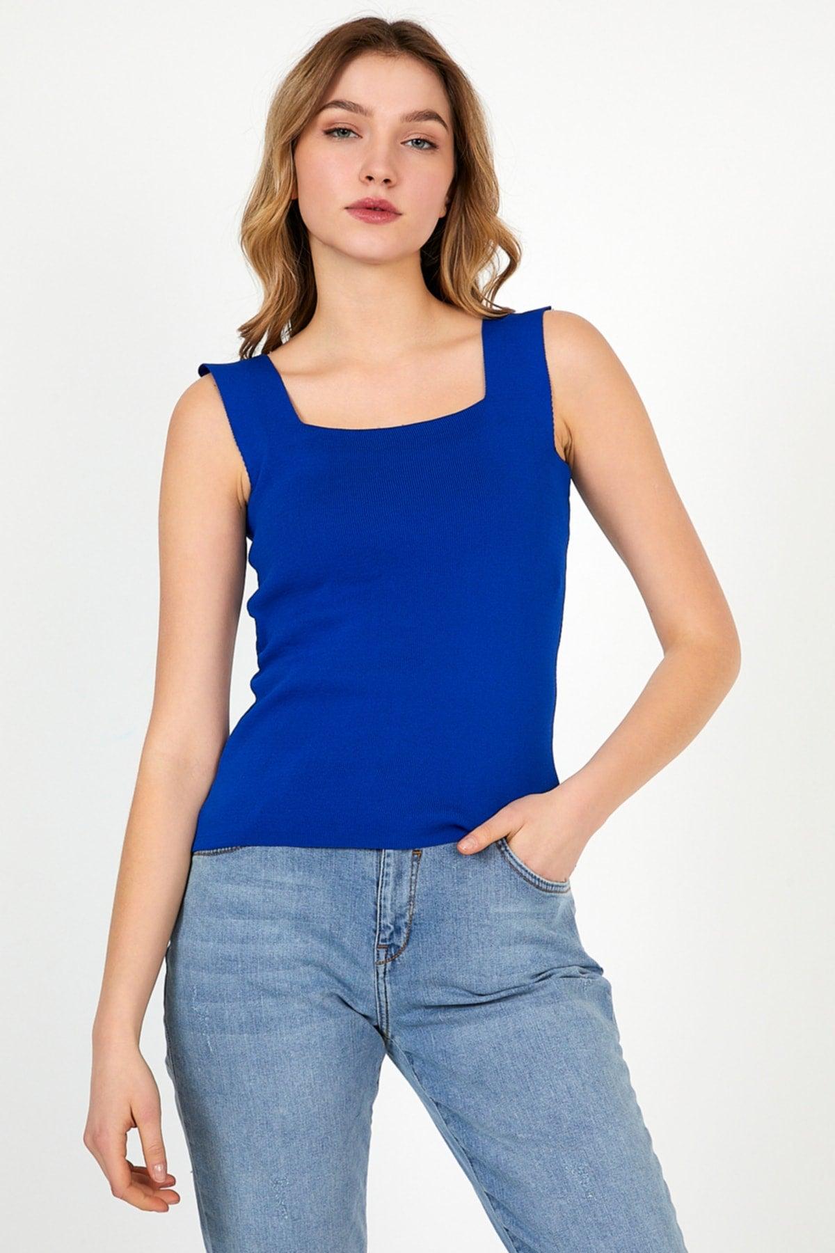 Women's Sax Blue Thick Strap Square Collar Summer Athlete Knitwear Blouse - Swordslife