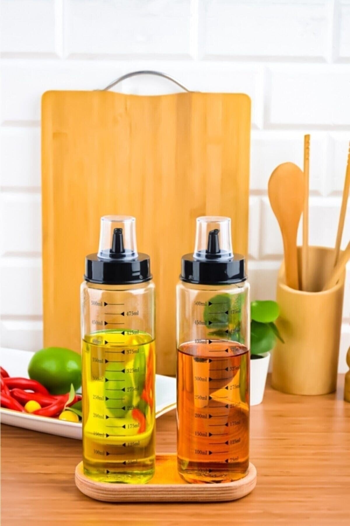 Non-Drip Intelligent Wooden Stand 3 Piece Glass Oil Set 500 Ml