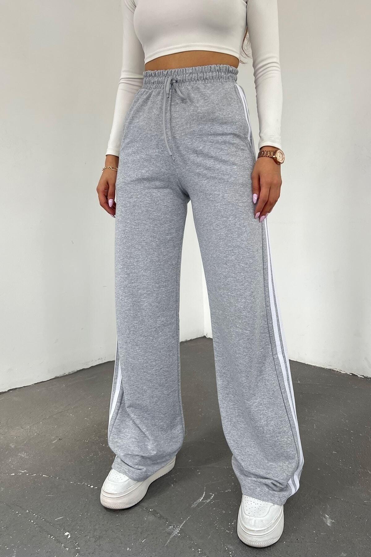 Women's Gray High Waist Striped Wide Leg Seasonal Sweatpants - Swordslife