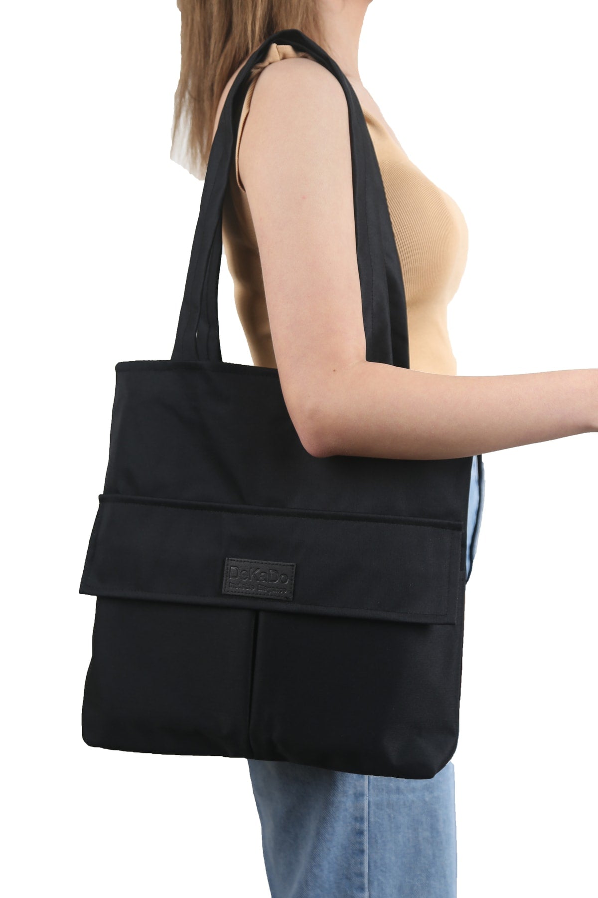 Women'S Black Bag Zippered Hand And Shoulder Bag Canvas Fabric Tote Bag