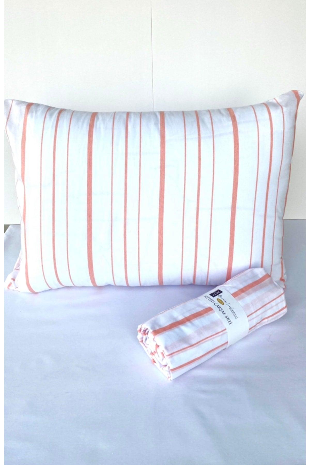 Striped Salmon Elastic Bed Sheet Set Cotton-Pillow Cover Single-Double-Duvet Cover - Swordslife