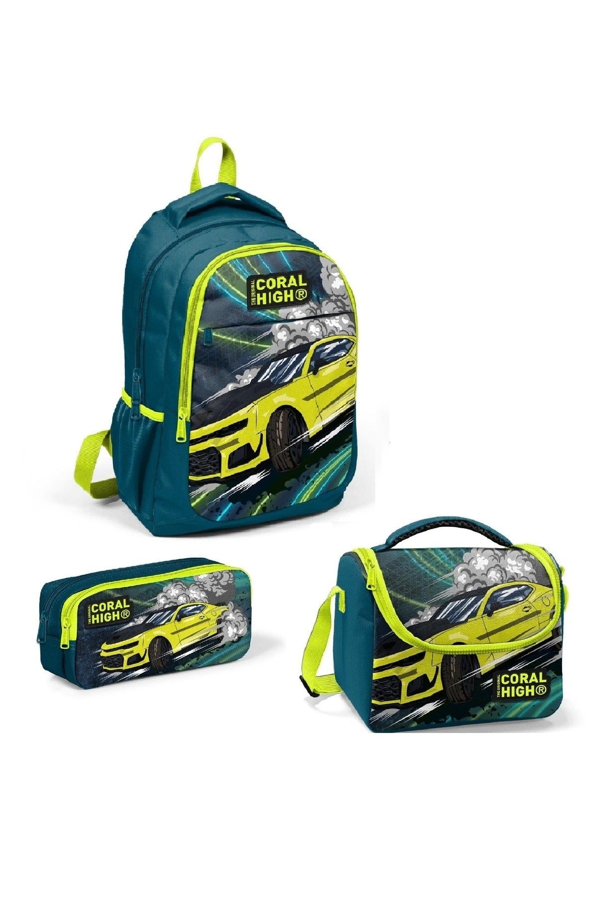 Kids Nefti Phosphor Yellow Car Patterned Three-Pack Bag Set