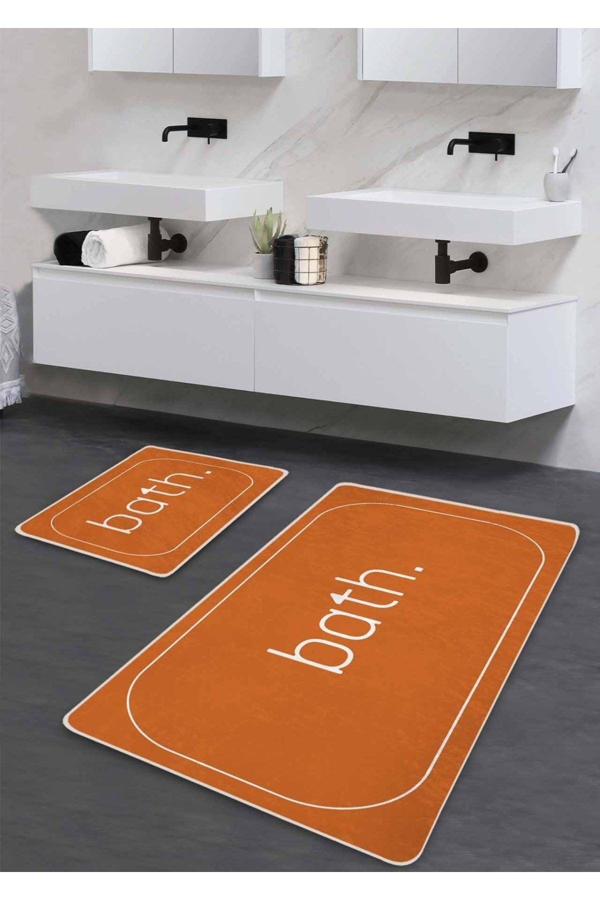 Non-Slip Base Washable Double Bath Mat - Orange Bath Patterned 60*100 Cm - 50*60 Cm - Swordslife