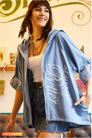 Women's Blue Embossed Printed Slim Hooded Loose Back Long Jacket - Swordslife