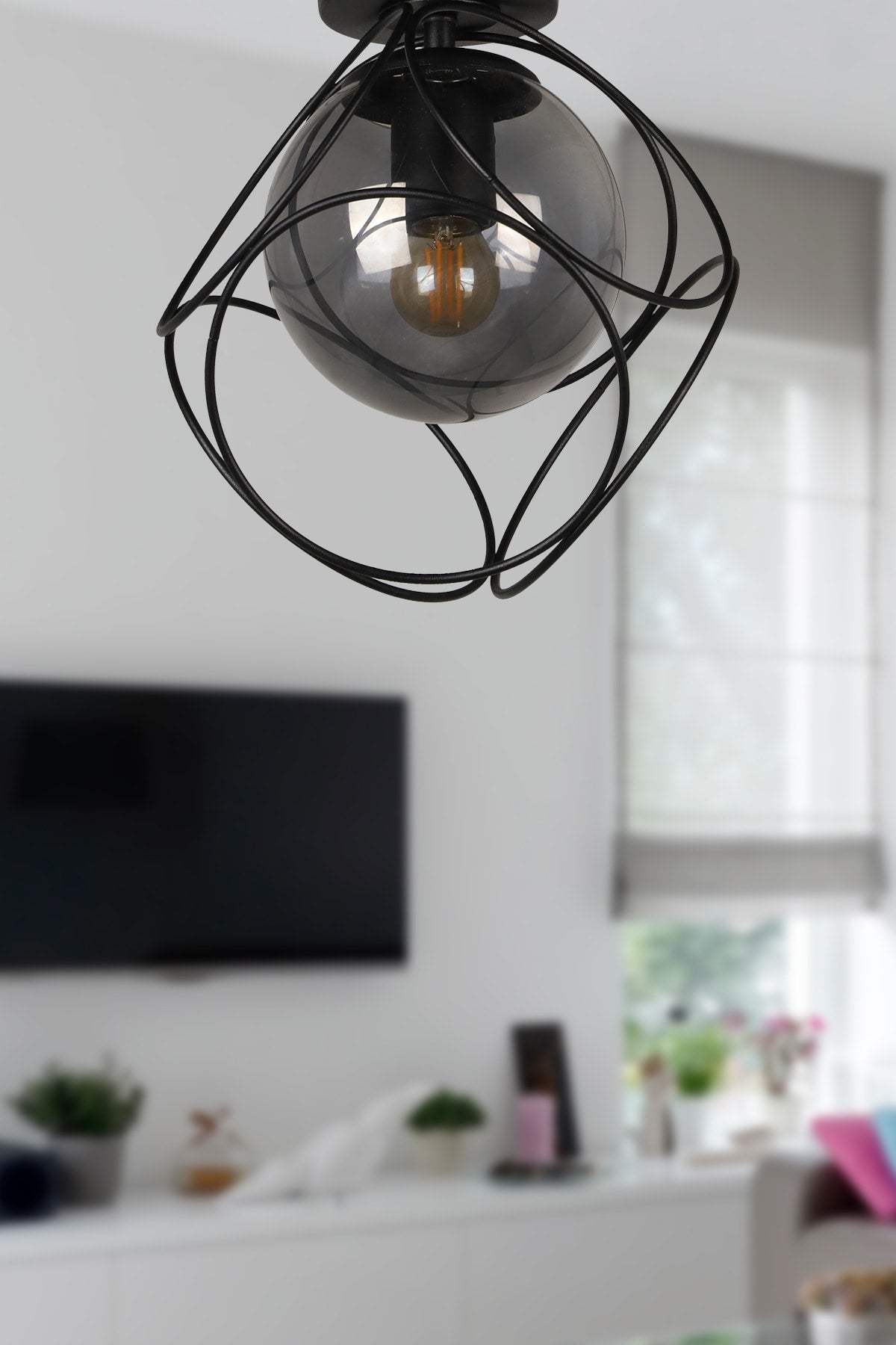 Suna Single Black-Smoked Glass Ceiling Mount Chandelier