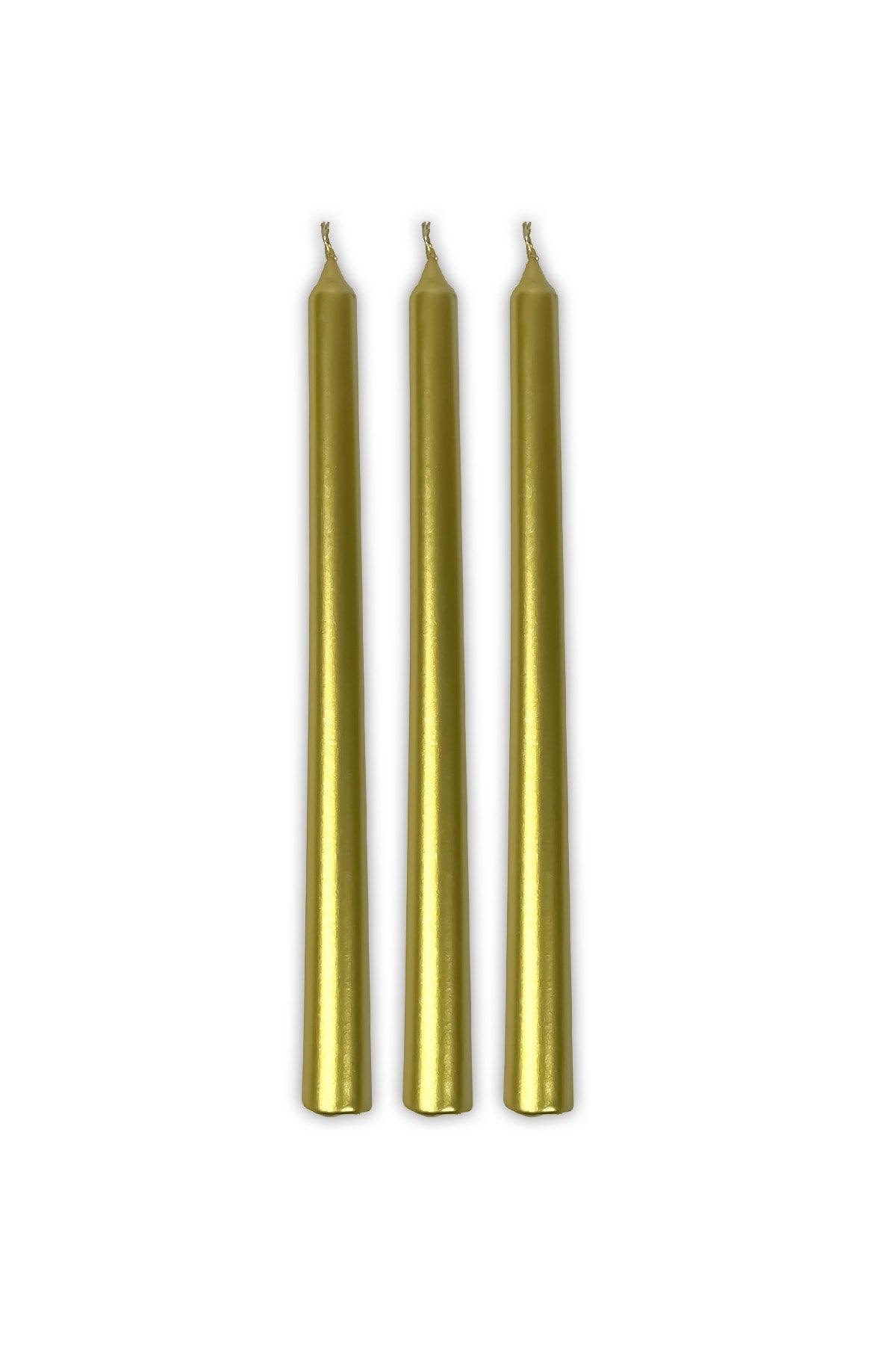 Gold Gold Candlestick 3 Pcs Shiny Metallic Long Body Tapered Candle - Swordslife