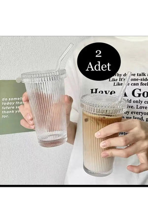 2 Pieces 400 Ml Heat Resistant Origami Pattern Glass With Lid And Straw Milkshake And Soft Drink Glass