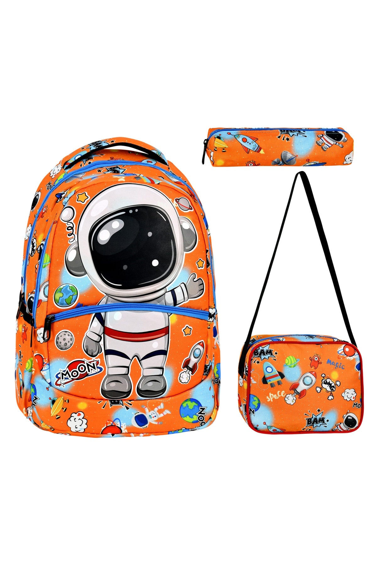 3-Pack Elementary School Astronaut Patterned School Bag With Food And Pencil Holder For Boys