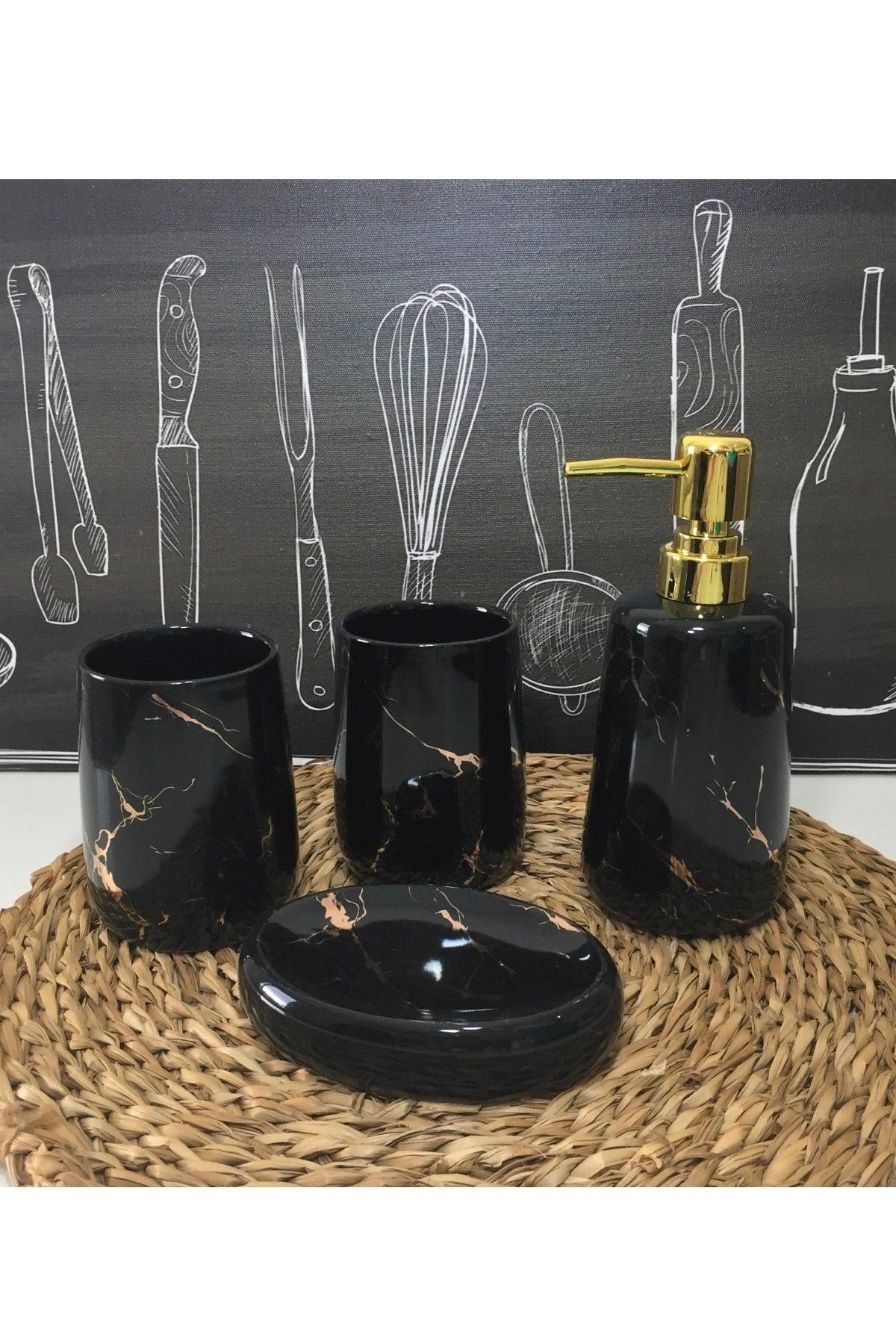 4 Piece Marble Pattern Ceramic Bathroom Set - Black - Swordslife