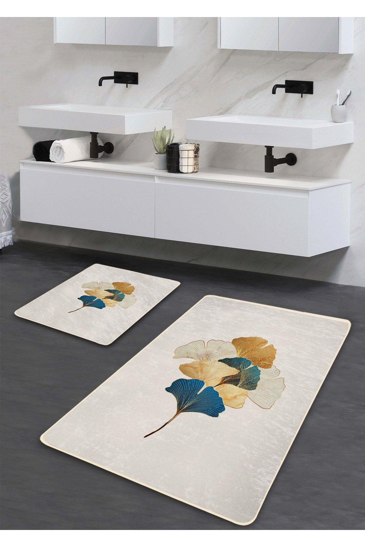 Non-Slip Base Washable Double Bath Mat - Gold Ginkgo Patterned 60*100 Cm - 50*60 Cm - Swordslife