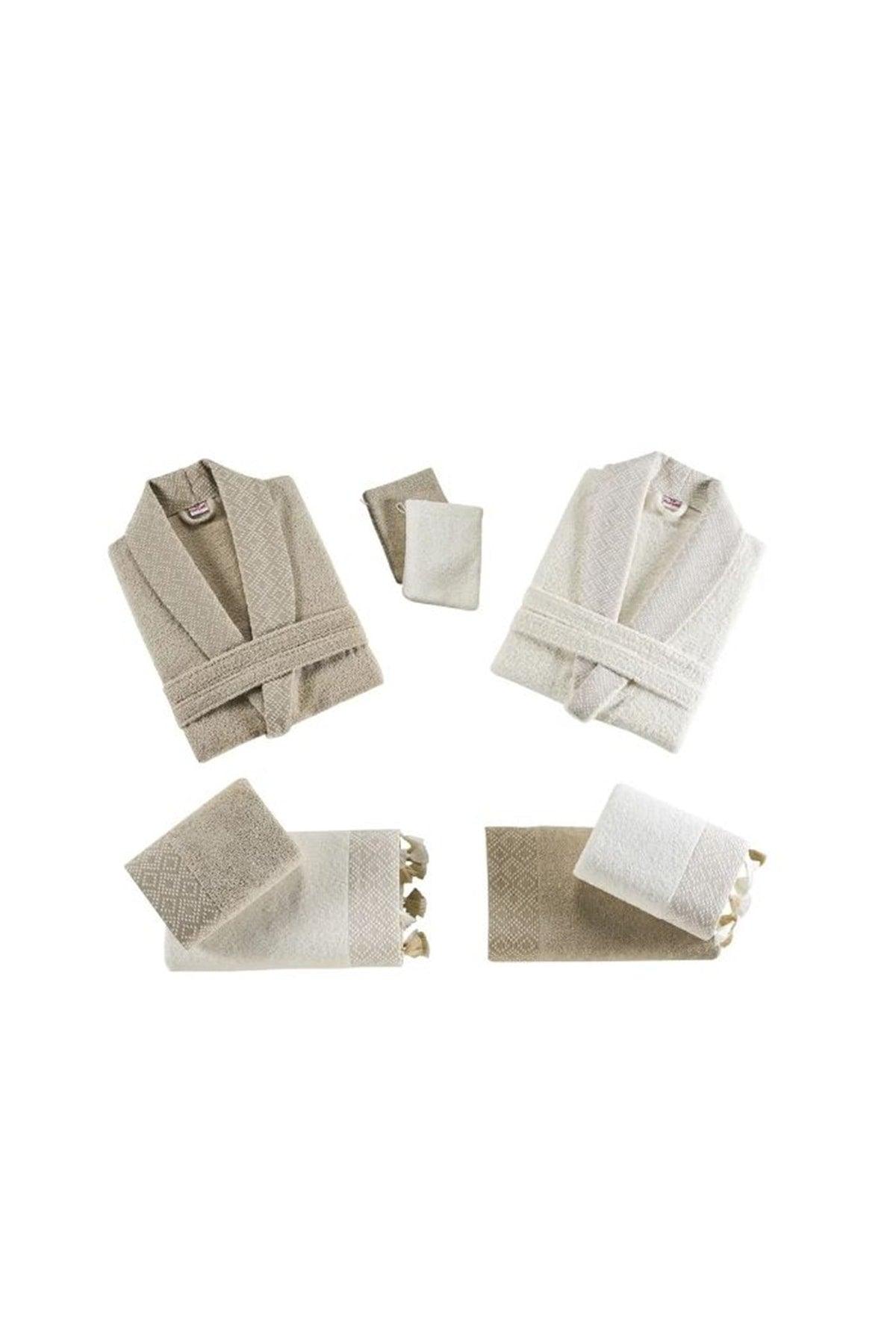 Safir Family Bathrobe Set 100% Cotton Beige-cream 8 Pcs - Swordslife