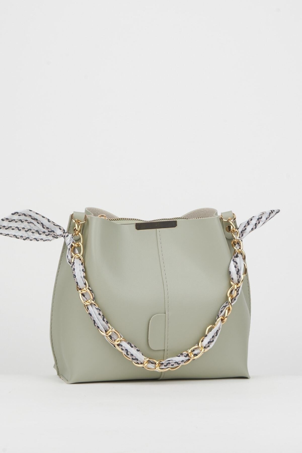 Women'S Mint Scarf Chain Accessory Soft Leather 3-Compartment Hand, Arm And Shoulder Bag