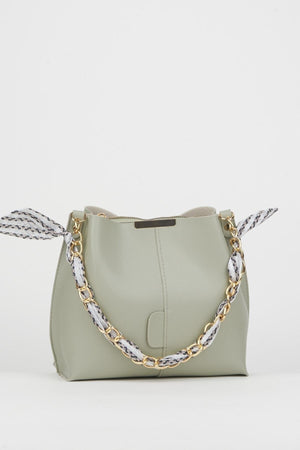 Women'S Mint Scarf Chain Accessory Soft Leather 3-Compartment Hand, Arm And Shoulder Bag
