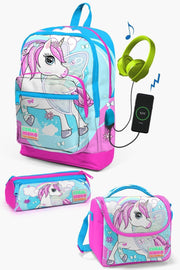 Kids Blue Neon Pink Unicorn Patterned Usb 3 Pcs School Bag Set Set0123811