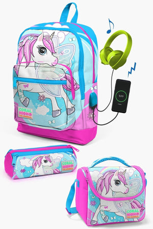 Kids Blue Neon Pink Unicorn Patterned Usb 3 Pcs School Bag Set Set0123811
