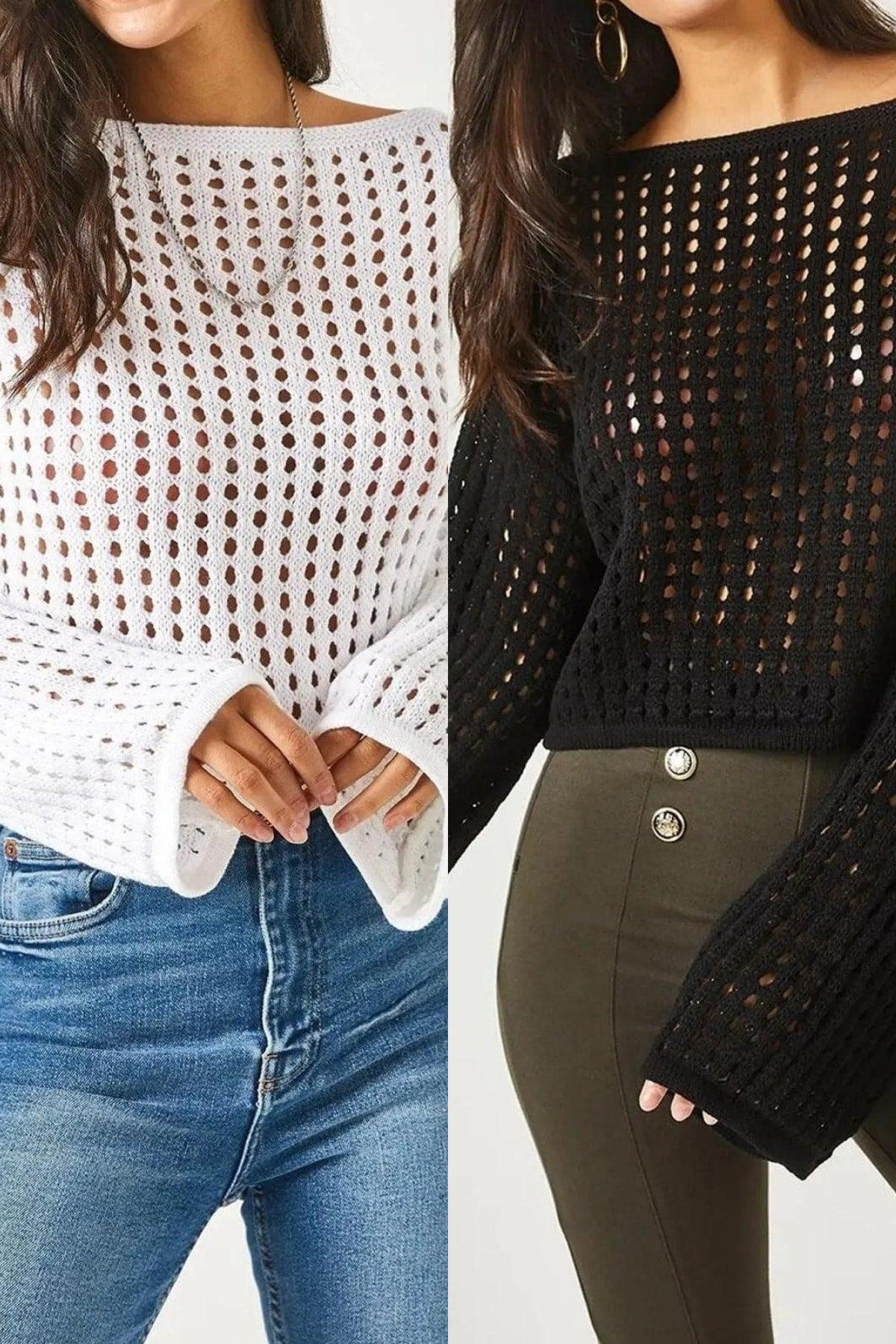 Women's Black-white 2-Pack Spanish Sleeve Wide Collar Openwork Loose Hole Crop Knitwear Blouse - Swordslife