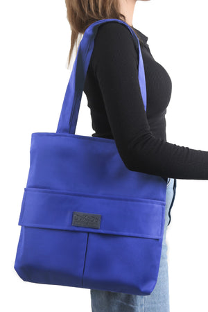 Women'S Sax Blue Bag Zippered Hand And Shoulder Bag Canvas Fabric Tote Bag