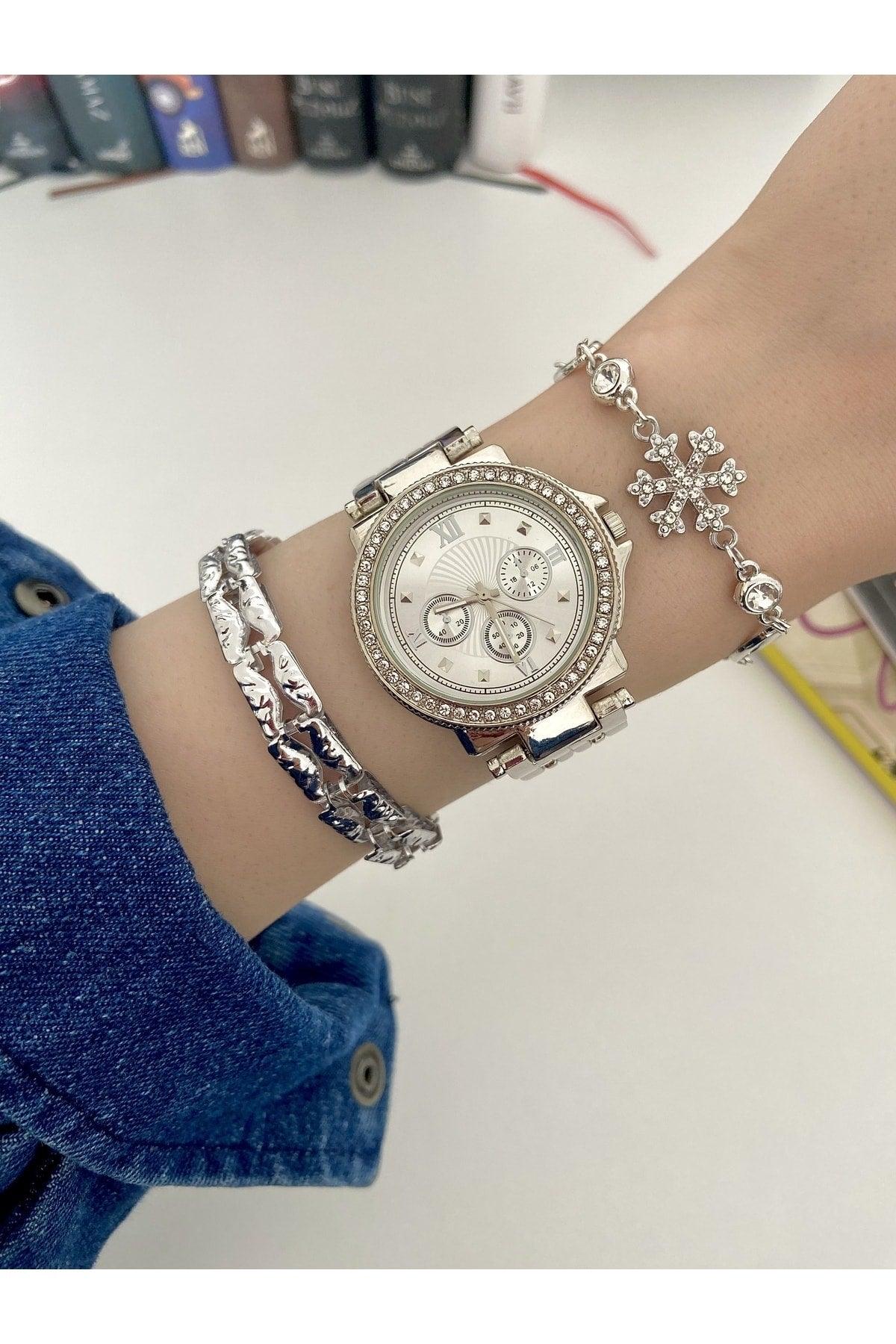 Women's Wristwatch Metal Band Silver Color & With Side Bracelets - Swordslife