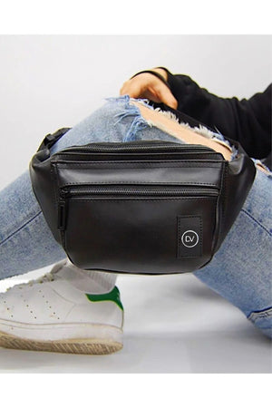 Unisex Black Faux Leather Waist And Shoulder Bag