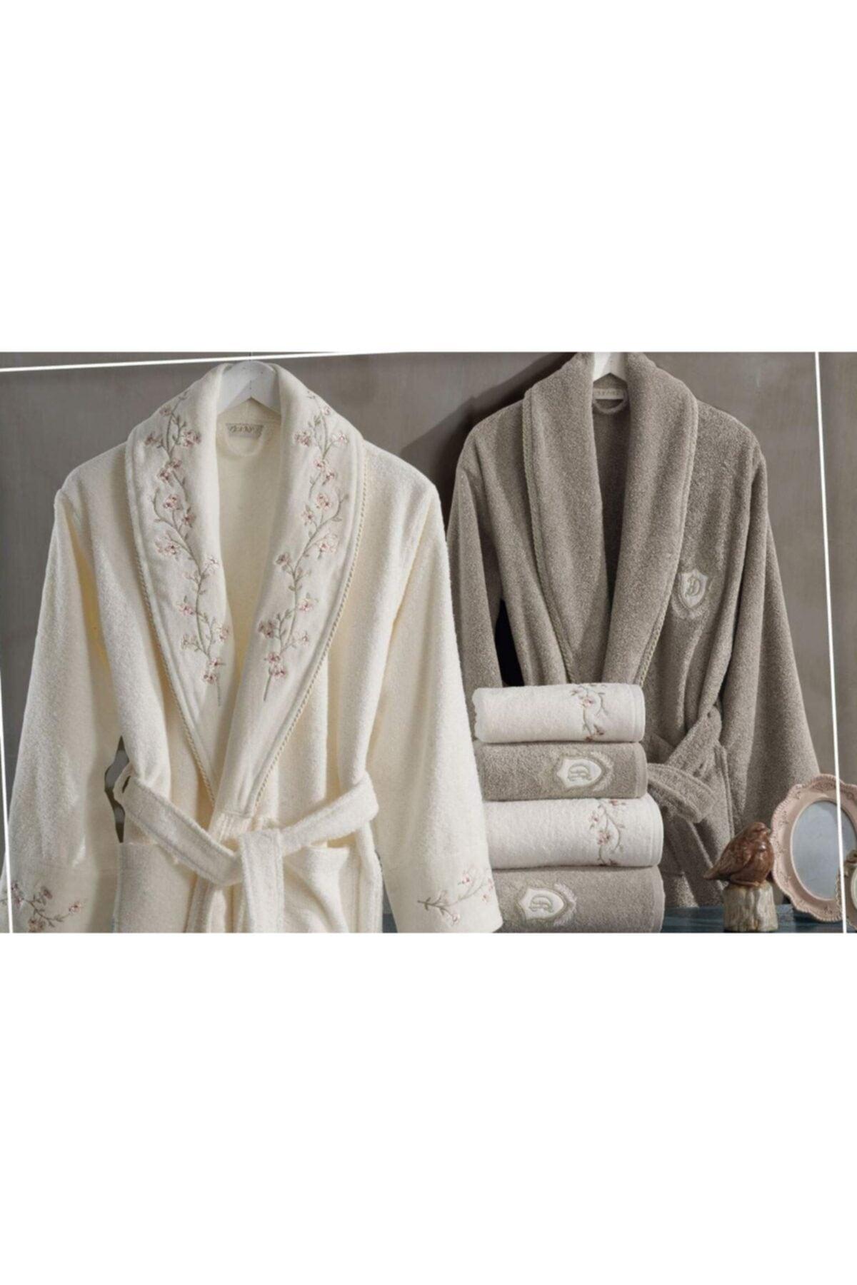 Sarmaşık Cream-beige 100% Cotton Dowry Bathrobe Set - Swordslife