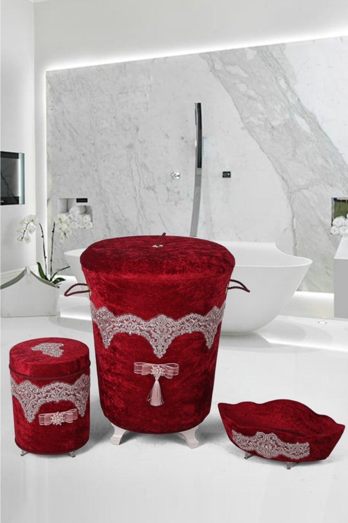 Luxury Claret Red 3 Piece Velvet Bathroom Set Guipure Dirty Laundry Basket Set - Swordslife