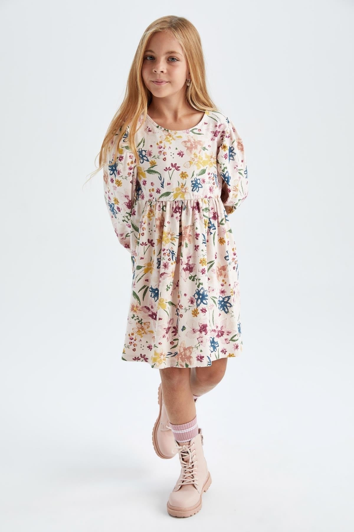 Girl Crew Neck Floral Long Sleeve Dress