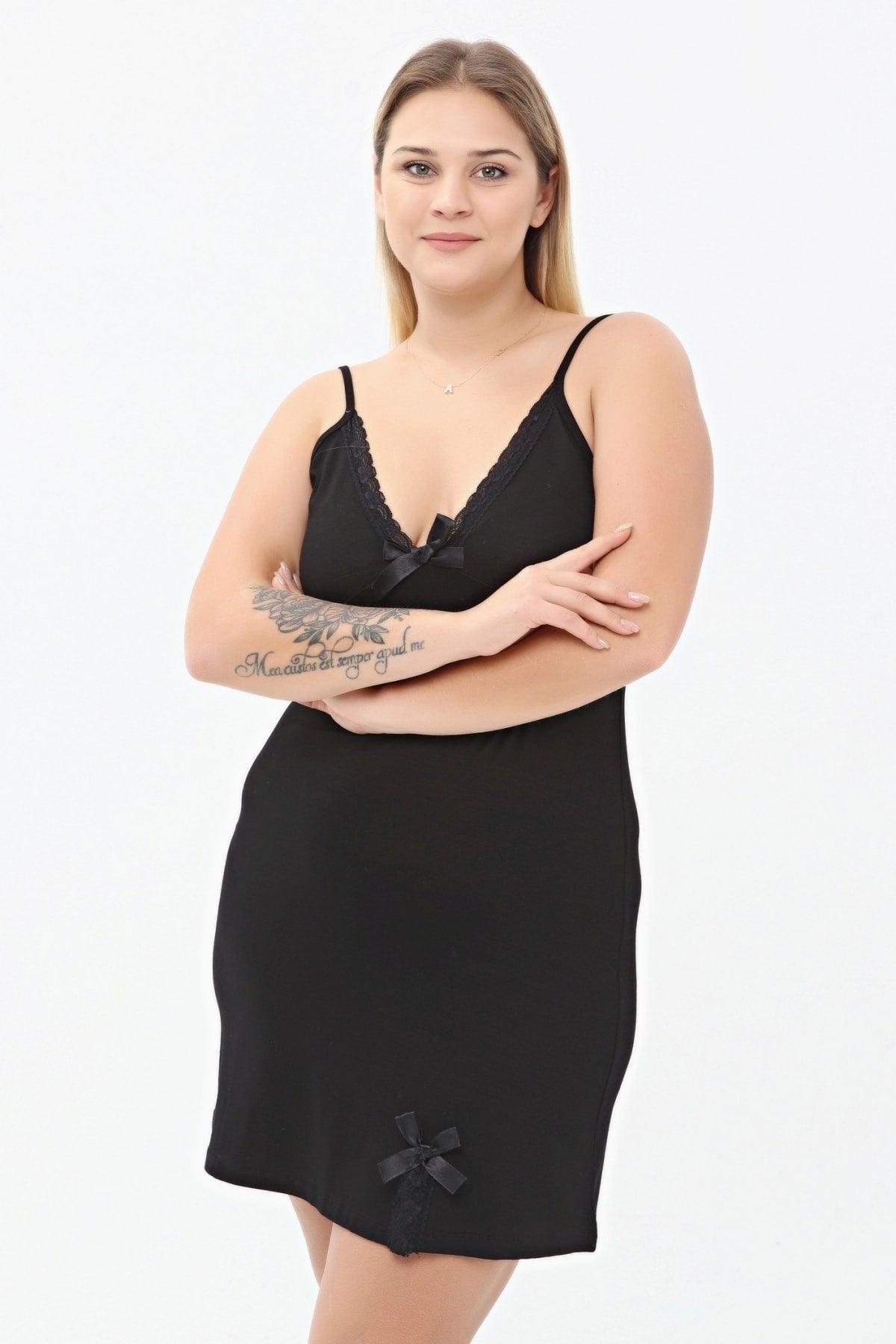 Women's Plus Size V Neck Lycra Strap Nightgown Black - Swordslife