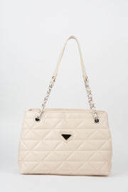 Crocos Cream Leather Quilted 3 Compartment Zipper Closure Lined Hand Arm And Shoulder Bag With Chain Strap