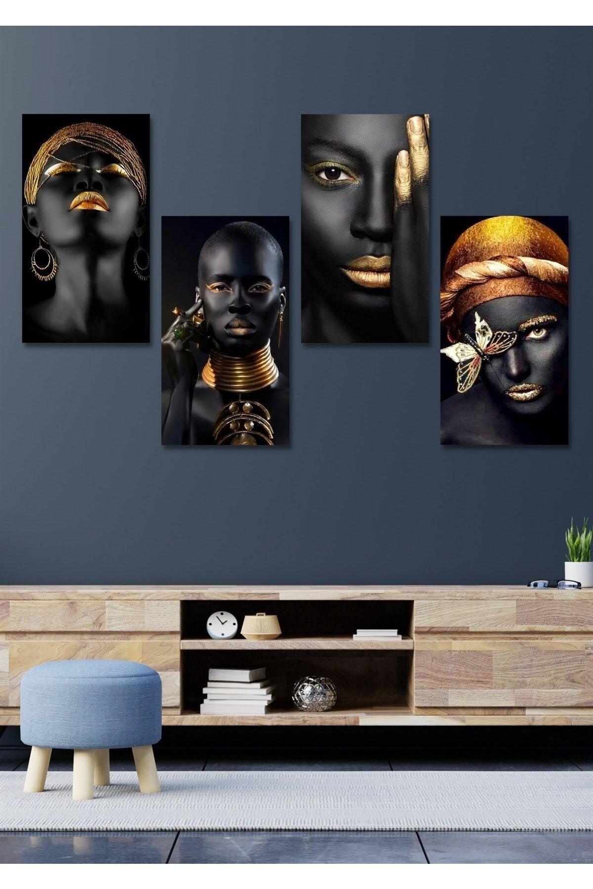 4 Pieces 15x30cm Wooden Wall Decor Black Women Painting Set For Living Room Living Bedroom Kitchen - Swordslife