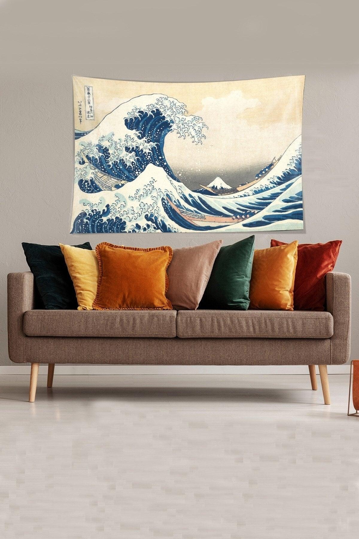 Beige-blue Katsushika Hokusai Series Stain Resistant Velvet Fabric Wall Covering Tapestry Tapestry - Swordslife