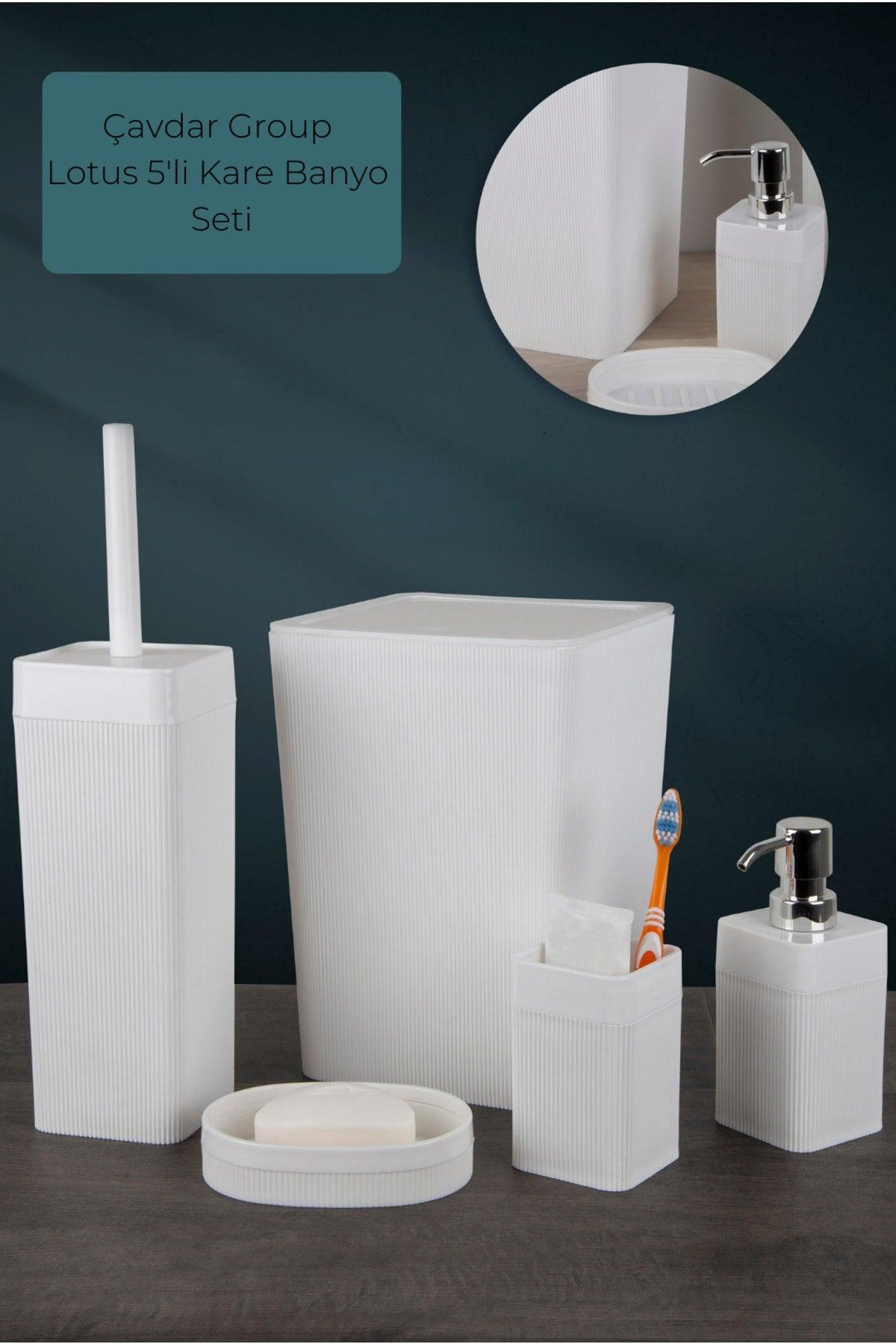 Lotus 5 Square Bathroom Set Luxury Bathroom Set 5 Pieces Dustbin Brush Soap Dispenser Toothbrush Holder - Swordslife