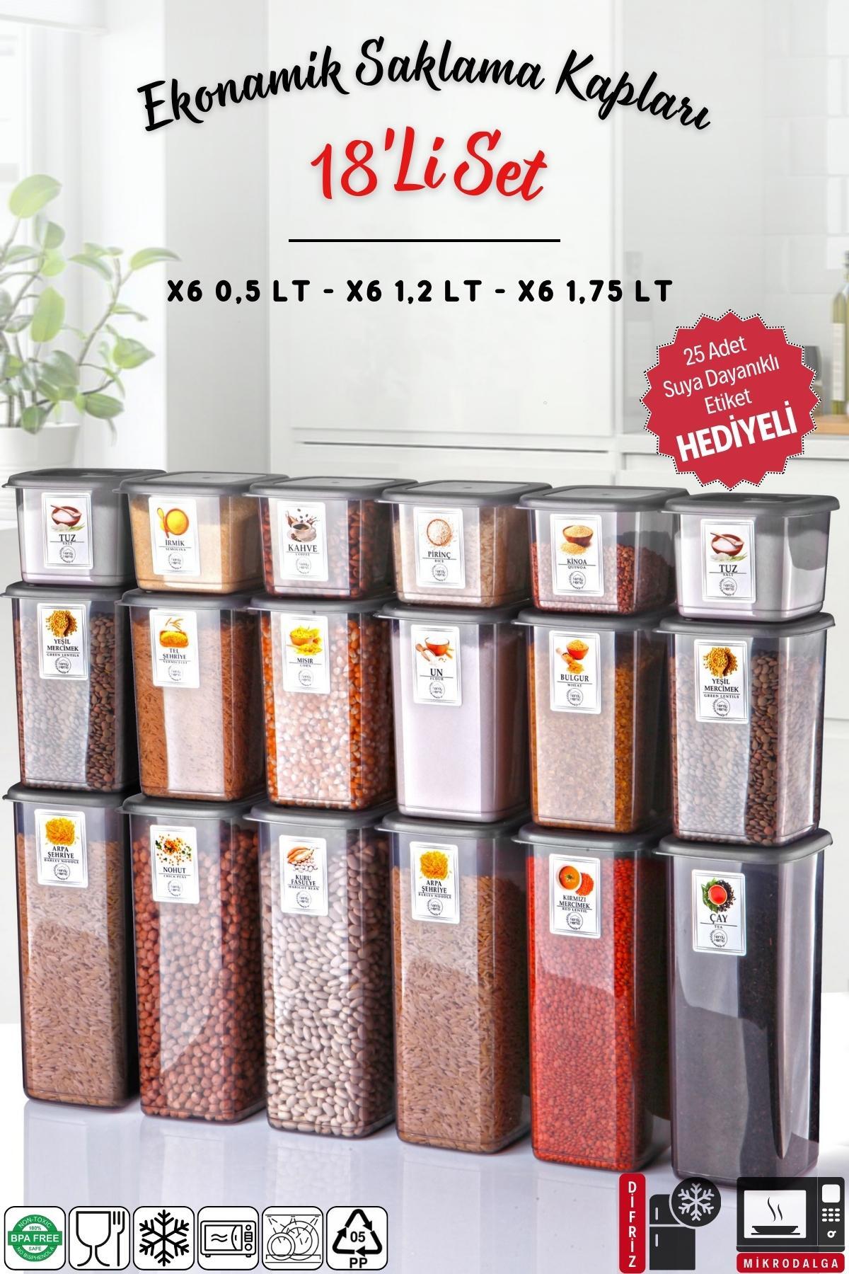 Labeled 18-Piece Anthracite Economical Unbreakable Storage Container Set X6 - 1.75/1.2/0.5 Lt