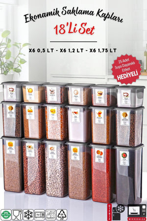 Labeled 18-Piece Anthracite Economical Unbreakable Storage Container Set X6 - 1.75/1.2/0.5 Lt